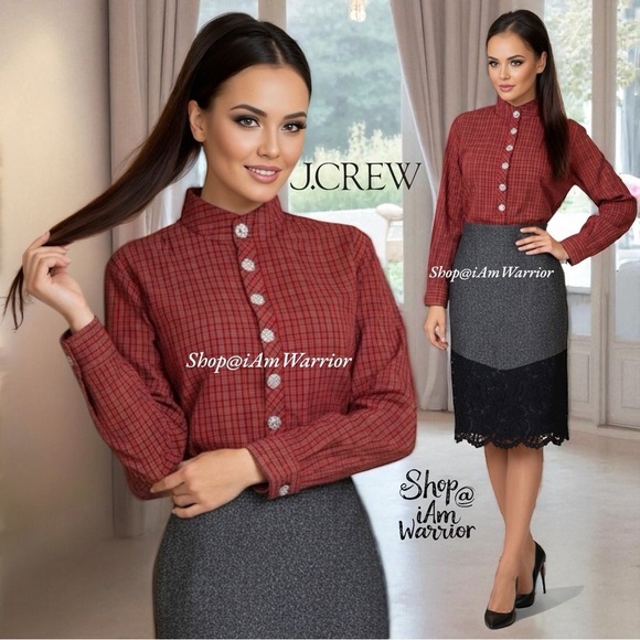J.Crew red plaid jeweled button popover shirt @shop@iamwarrior - Picture 1 of 12